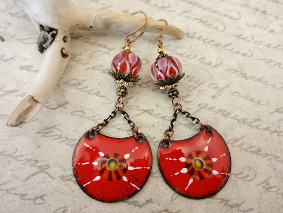 Red White and Black Enamel Earrings: Red Lampwork Glass