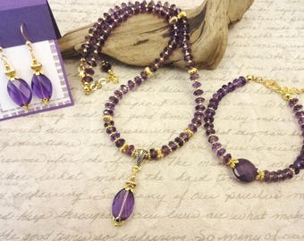 Amethyst Jewelry Set: Gold-Filled Necklace, Bracelet & Earrings
