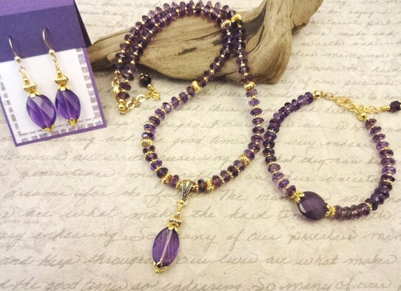 Amethyst Jewelry Set: Gold-Filled Necklace, Bracelet & Earrings