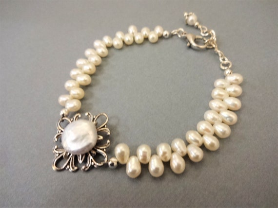 White Pearl and Silver Filigree Bracelet, Coin Pearl and Top Drilled White Pearl Bracelet, Gift for Her