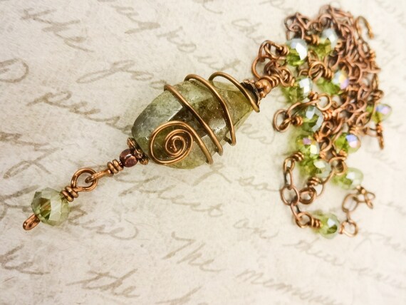 Green Garnet and Crystal Necklace, Handmade Crystal Chain and Wire Wrapped Green Garnet Gemstone Tear Drop Pendant