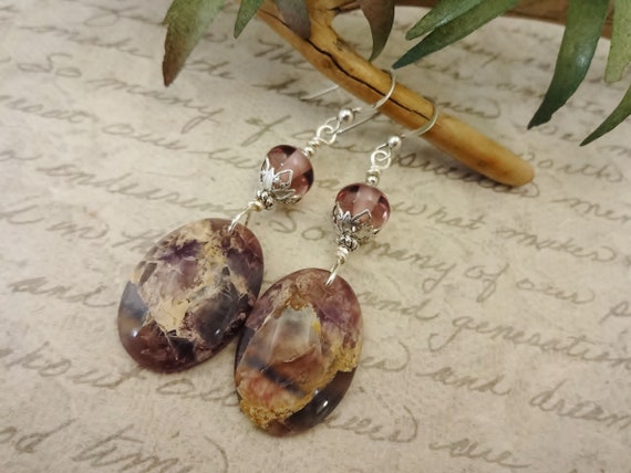 Designer Fluorite and Lampwork Glass Earrings, One of a Kind Jewelry, Purple Gemstone Jewelry, Gift for Her