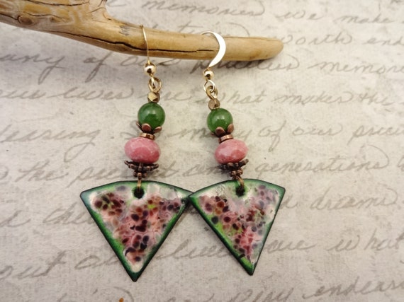 Artisan Enamel Earrings, Green Jade and Rhodonite Earrings, French Enamels, One of a Kind Handmade Earrings, Gift for Her