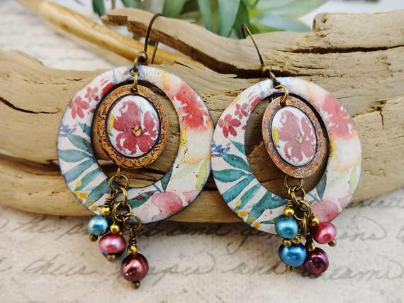 Artisan Enamel Pearl Earrings, French Red Blue Floral Dangles, Antique Brass Wire