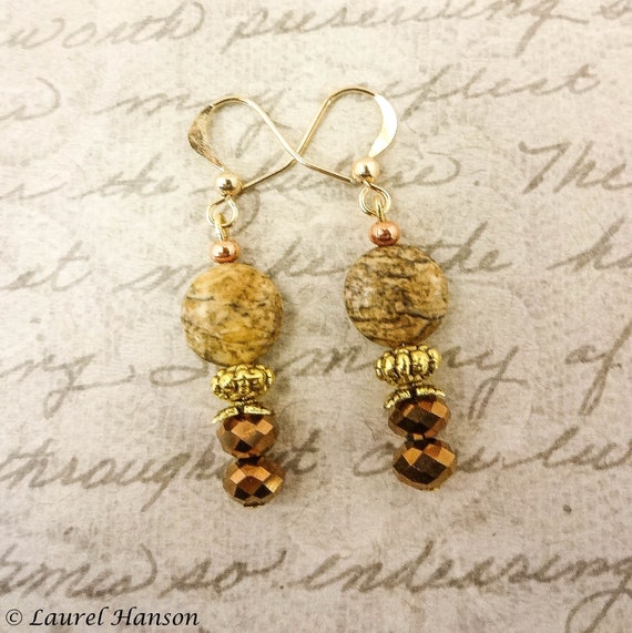 Picture Jasper and Czech Crystal Earrings, Brown Gemstone Earrings, Jasper and Crystal Earrings, Gift for Her