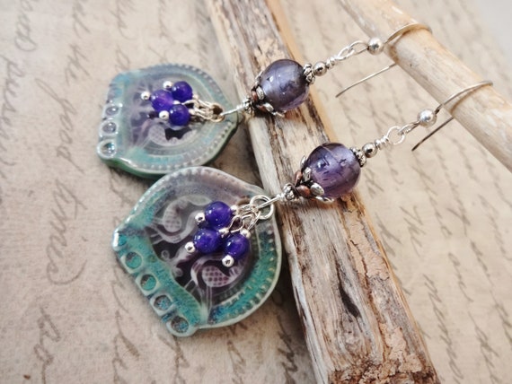 Bohemian Ceramic and Purple Foil Glass Earrings, Aqua Blue and Purple Earrings, Peacock Earrings, One of a Kind GIft for Her