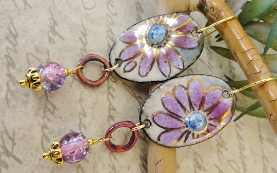 Exquisite French Enamel Earrings in Magenta White and Blue, Flower Earrings, Gift for Her, One of a Kind