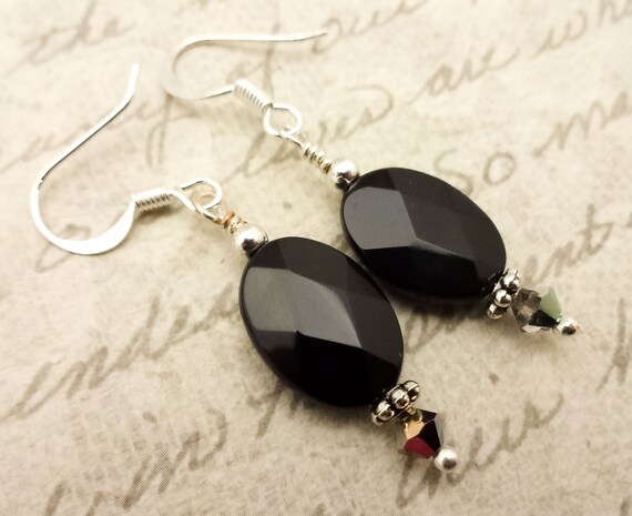 Black Onyx Faceted Ovals Earrings, Black Gemstone Earrings, Black and Silver Contemporary Earrings