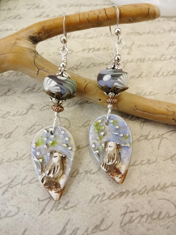 Artisan Polymer Clay Bird Earrings: Lavender, Brown, and Green
