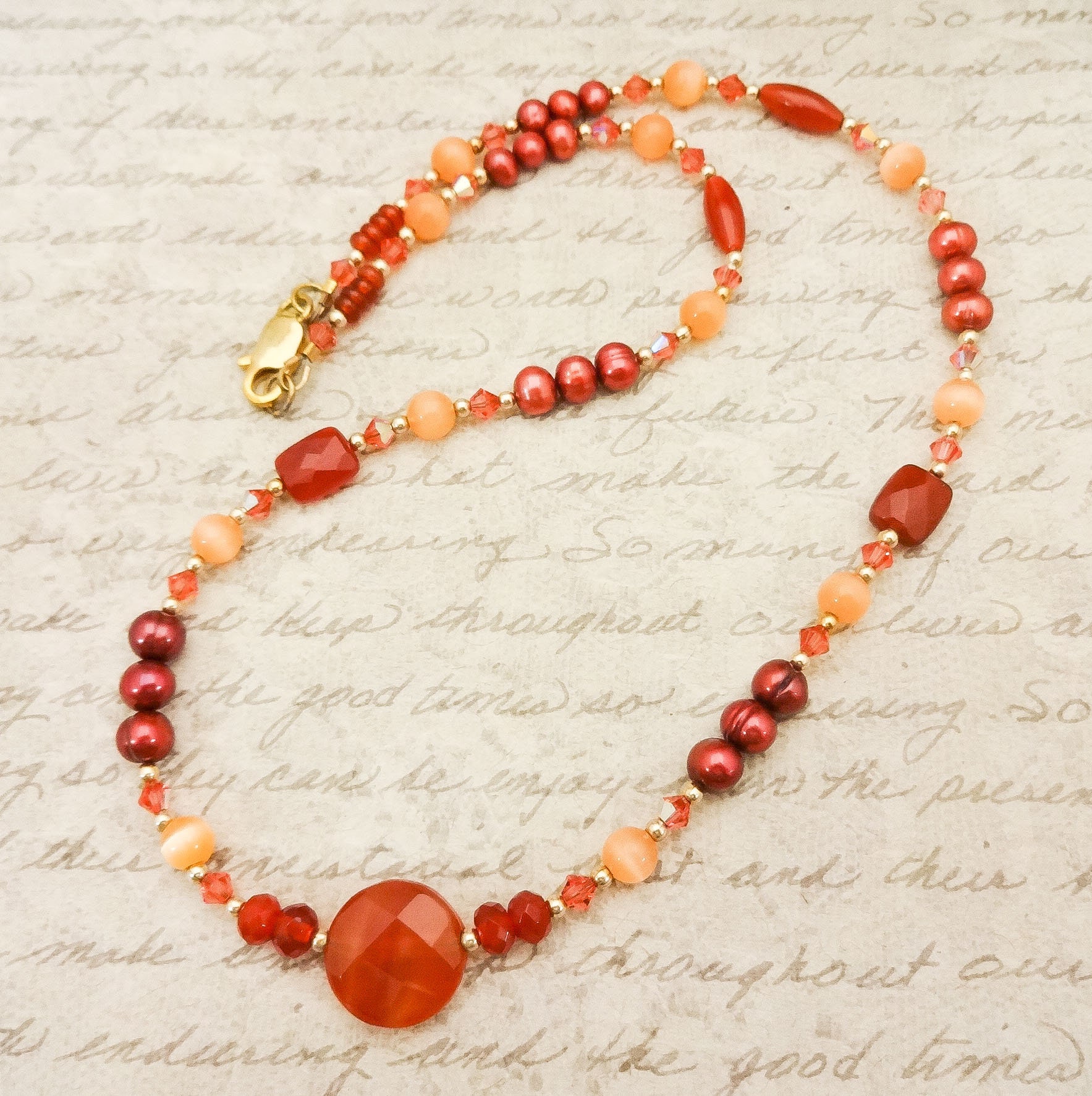 Orange Carnelian and Pearl Necklace, Gemstone Necklace, Gift for Wife ...