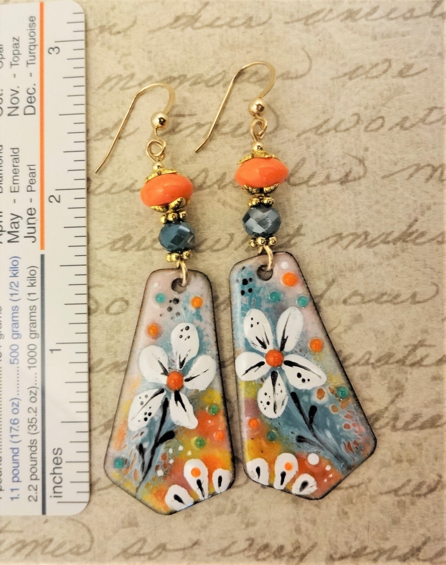 Artisan Enamel Earrings, Aqua and Orange One of a Kind Artisan Earrings ...