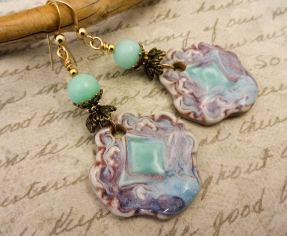 Lavender and Mint Green Earrings, Artisan Ceramic and Amazonite Earrings, Bohemian Earrings, Unique Handmade Earrings