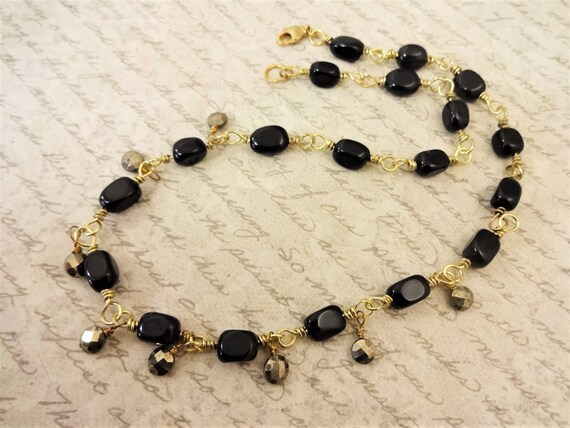 Black Onyx and Pyrite Necklace, Black Gemstone Necklace, Black and Gold Necklace, Gift for Her