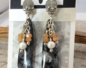 Larvikite Dangle Earrings: Peach Moonstone, Pearl, Sterling Silver