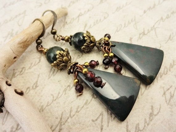 Green Gemstone Triangle Earrings with Heliotrope or Bloodstone and Faceted Red Garnet, Artisan Bloodstone Earrings