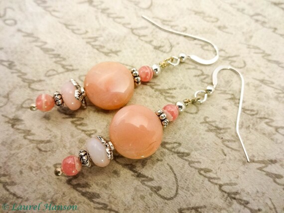 Pink Peruvian Opal and Rhodochrosite Earrings, Pink Gemstone Earrings, Feminine Jewelry, For Her, Gift for Mom, Gift for Wife