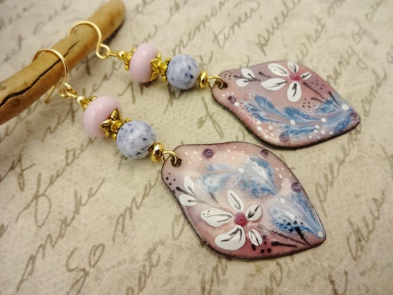 Handmade Enamel Dangle Earrings: Pink and Blue Boho Earrings with Lampwork Rondelles
