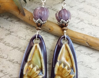 Bohemian Purple and Beige Ceramic Flower Earrings: Lavender Lampwork Glass Roses