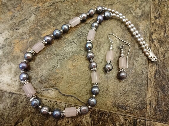 Rose Quartz and Luxe Gray Pearls Necklace and Earrings, Gemstone and Pearls Jewelry, One of a Kind Designs for Her, Gift for Her