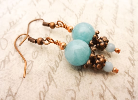 Angelite Gemstone Earrings, Blue Stone Earrings, Blue Gemstone Jewelry, Copper and Stone Earrings