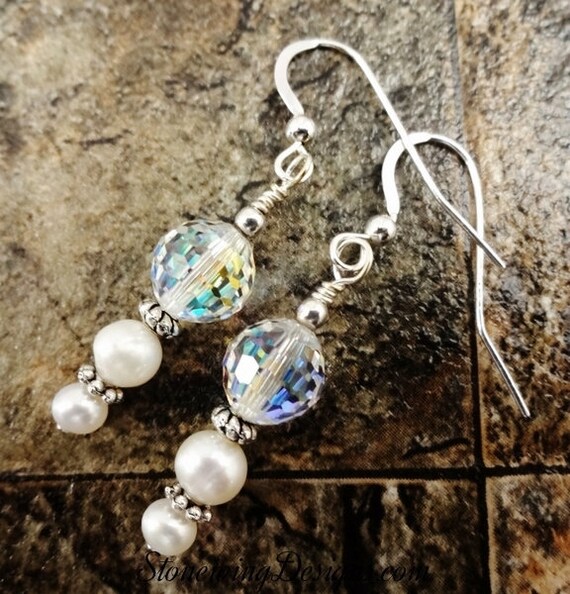 Pearl Earrings, Swarovski and Pearl, Bridal Jewelry, Bridal Earrings, Wedding Jewelry, Crystal and Pearl, White Pearl Earrings, Crystals