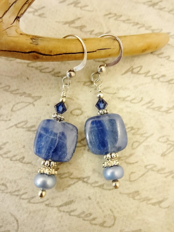 Kyanite, Crystal and Blue Pearl Earrings: Sterling Silver French Hook
