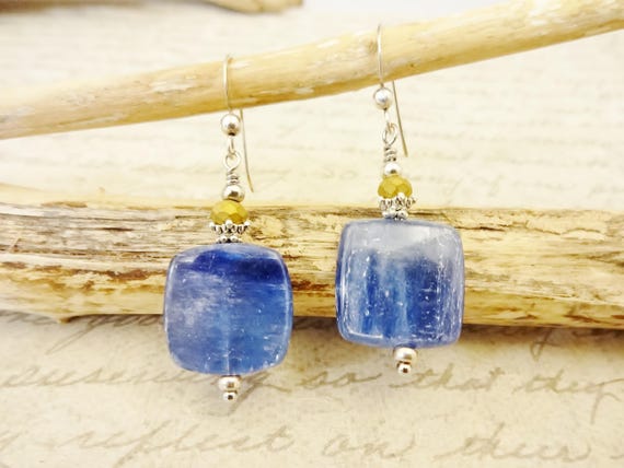 Kyanite and Bronze Faceted Glass Earrings, Blue Gemstone Sterling Silver Earrings