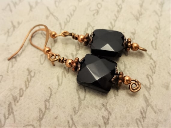 Black Onyx and Copper Earrings, Black Gemstone Earrings, Gift for Mom, Gift for Wife, Black Jewelry, Gift for Her