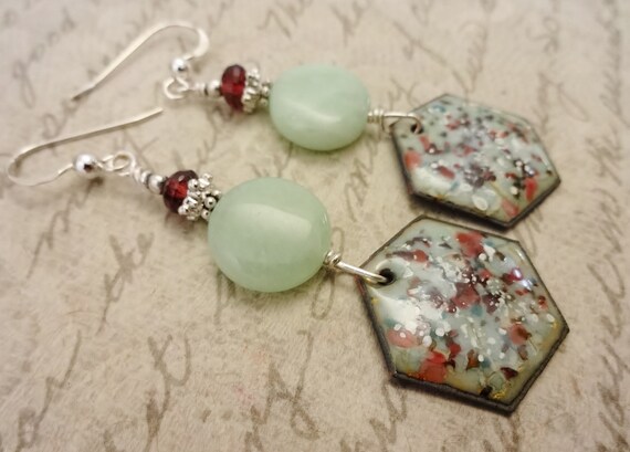 Artisan Enamel Earrings, Mint Chrysoprase and Garnet Earrings, French Enamels, One of a Kind Handmade Earrings, Gift for Her