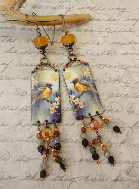 Handmade Enamel Earrings: Gold Gray Bird Dangle