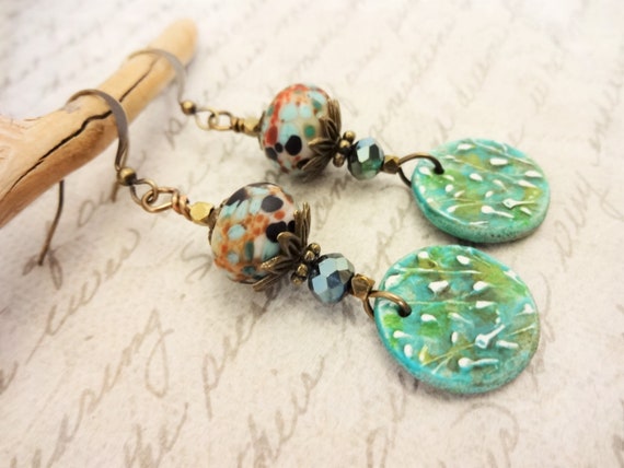 Rustic Green Polymer Clay and Lampwork Glass Earrings with Antique Brass and Czech Glass, Artisan Earrings