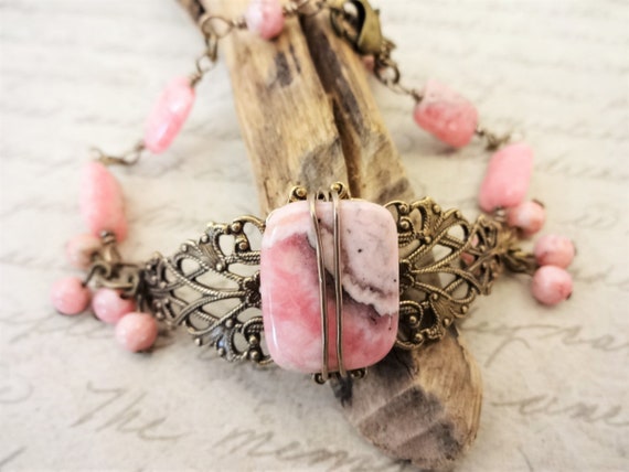 Rhodochrosite and Antique Brass Filigree Victorian Style Bracelet, Pink Gemstone Vintage Inspired Jewelry