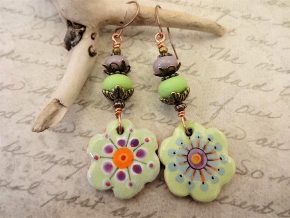 Asymmetrical Bohemian Earrings in Lavender Lime Green and Orange, Colorful Earrings, Gift for Her