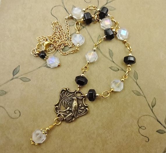 Black Onyx and Crystal Necklace with Antique Brass Bird Focal, Chain and Bead Link Pendant Necklace, Gift for Her