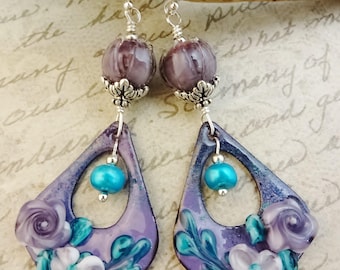 Lavender Purple Mint Artisan Enamel Earrings, Roses Lampwork Glass Long Dangle