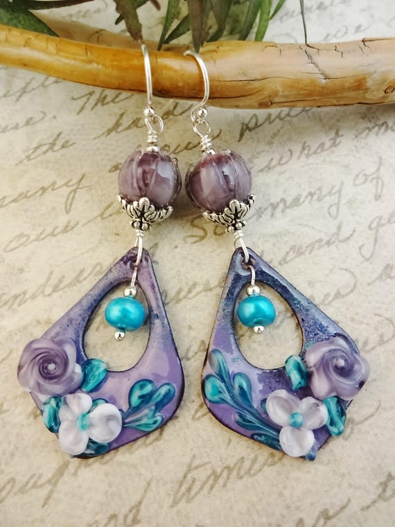 Lavender Purple Mint Artisan Enamel Earrings, Roses Lampwork Glass Long Dangle