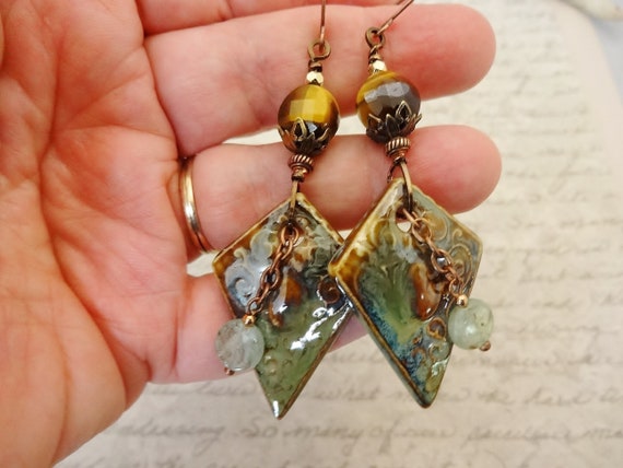 Bohemian Ceramic Tigers Eye and Green Kyanite Earrings, Brown and Green Earrings, Artisan Earrings, Majoyoal Ceramic