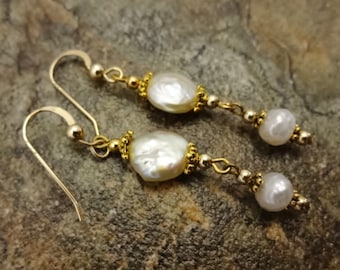 White Coin Pearl Earrings: Gold Wire Bridal Jewelry