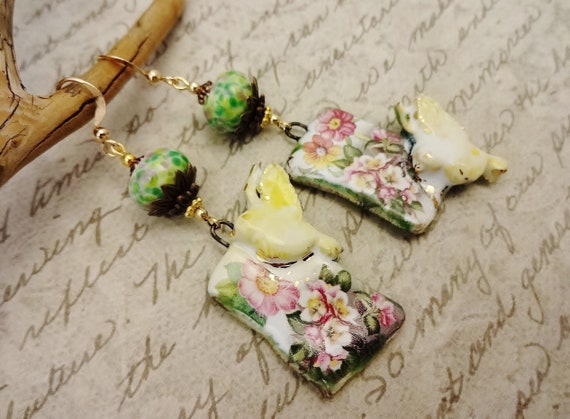 Porcelain and Lampwork Glass Artisan Earrings, Green and Pink Birds and Blooms Earrings, Gift for Her