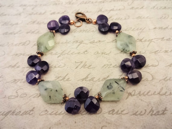 Amethyst and Prehnite Gemstone Bracelet, Purple and Green Gemstone Bracelet, February Birthstone, Gift for Her