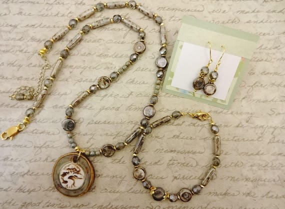 Tree of Life Necklace: Artisan Porcelain Pendant, Czech Glass Silvery Green Picasso