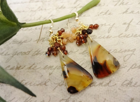 Montana Agate, Peach Moonstone, Hessionite Garnet and Tiger's Eye Gemstone Earrings, Gift for Her