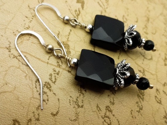 Black Onyx Earrings, Black Gemstones with Sterling Silver Ear Wires, Gift for Mom, Gift for Wife