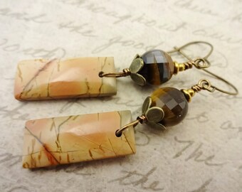 Tigers Eye & Cherry Creek Jasper Earrings: Rustic Boho Stone Earrings