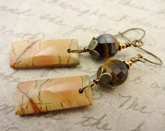 Rustic Stone Earrings, Rectangle Earrings, Tigers Eye and Cherry Creek Jasper Boho Earrings, Brown Tan Peach