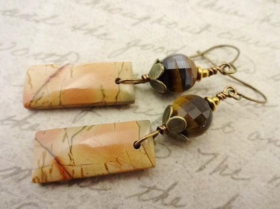 Rustic Stone Earrings, Rectangle Earrings, Tigers Eye and Cherry Creek Jasper Boho Earrings, Brown Tan Peach