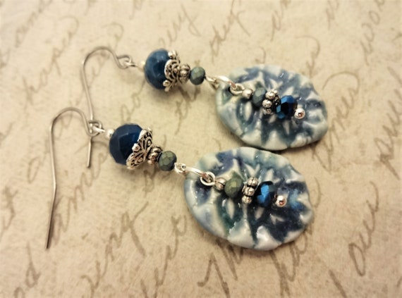 Artisan Ceramic, Apatite and Czech Firepolish Earrings in Shades of Blue, One of a Kind Earrings, Blue Apatite Gemstone Jewelry