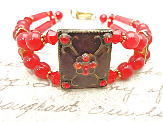Red Jade and Swarovski Crystal Bracelet, Boho Style, Maroon Enamel
