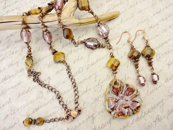 Artisan Ceramic Pendant Necklace with Tigers Eye & Purple Foil Glass - Boho Jewelry Set