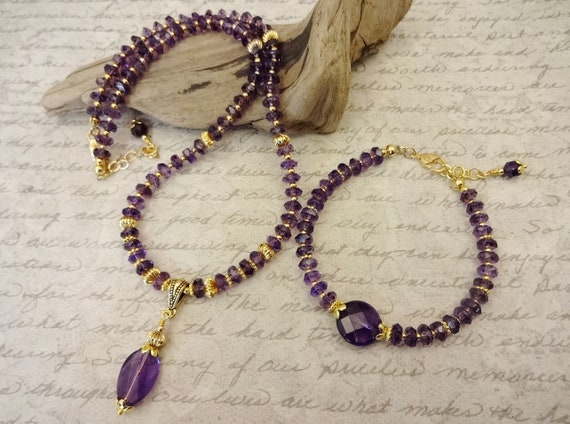 Beaded Gemstone Jewelry Set With Purple Stones, Pendant Necklace for Birthday Gift, Amethyst Beaded Necklace Bracelet Earrings